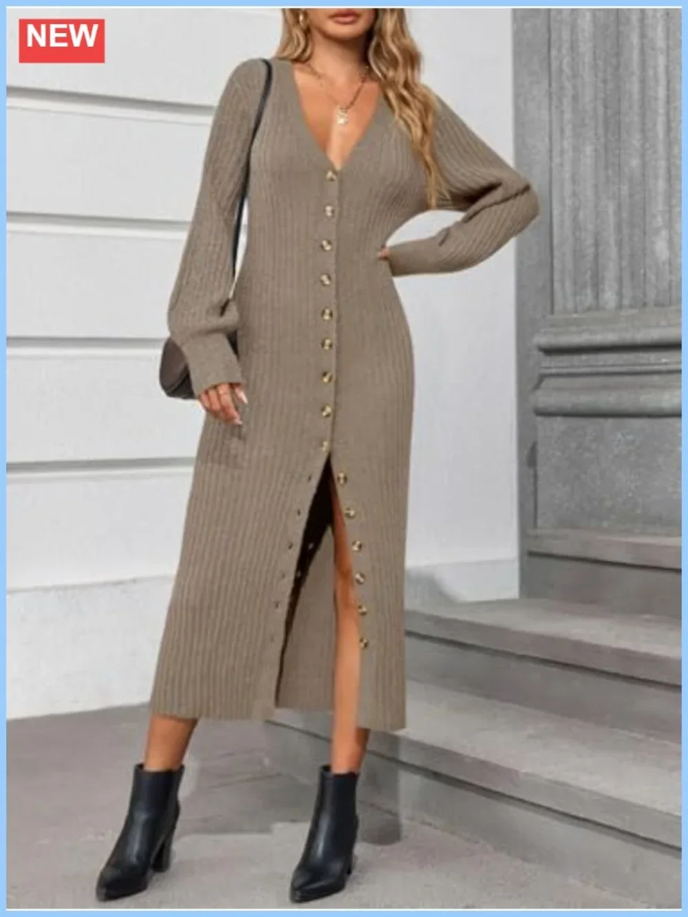 Chunky Knit Long Cardigan V-Neck Button Down Maxi Sweater Dress